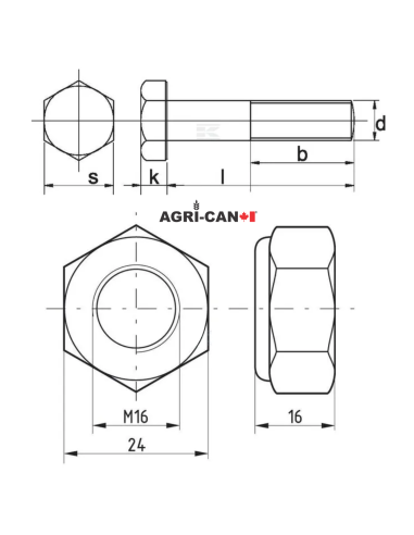 Flail Mower Bolts and Nuts - M16 X 95mm - 5/pack